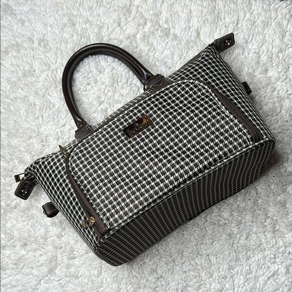 London Fog Plaid Duffle Bag Stylish Houndstooth Handbag Clear Liner Gold Details - Picture 1 of 12